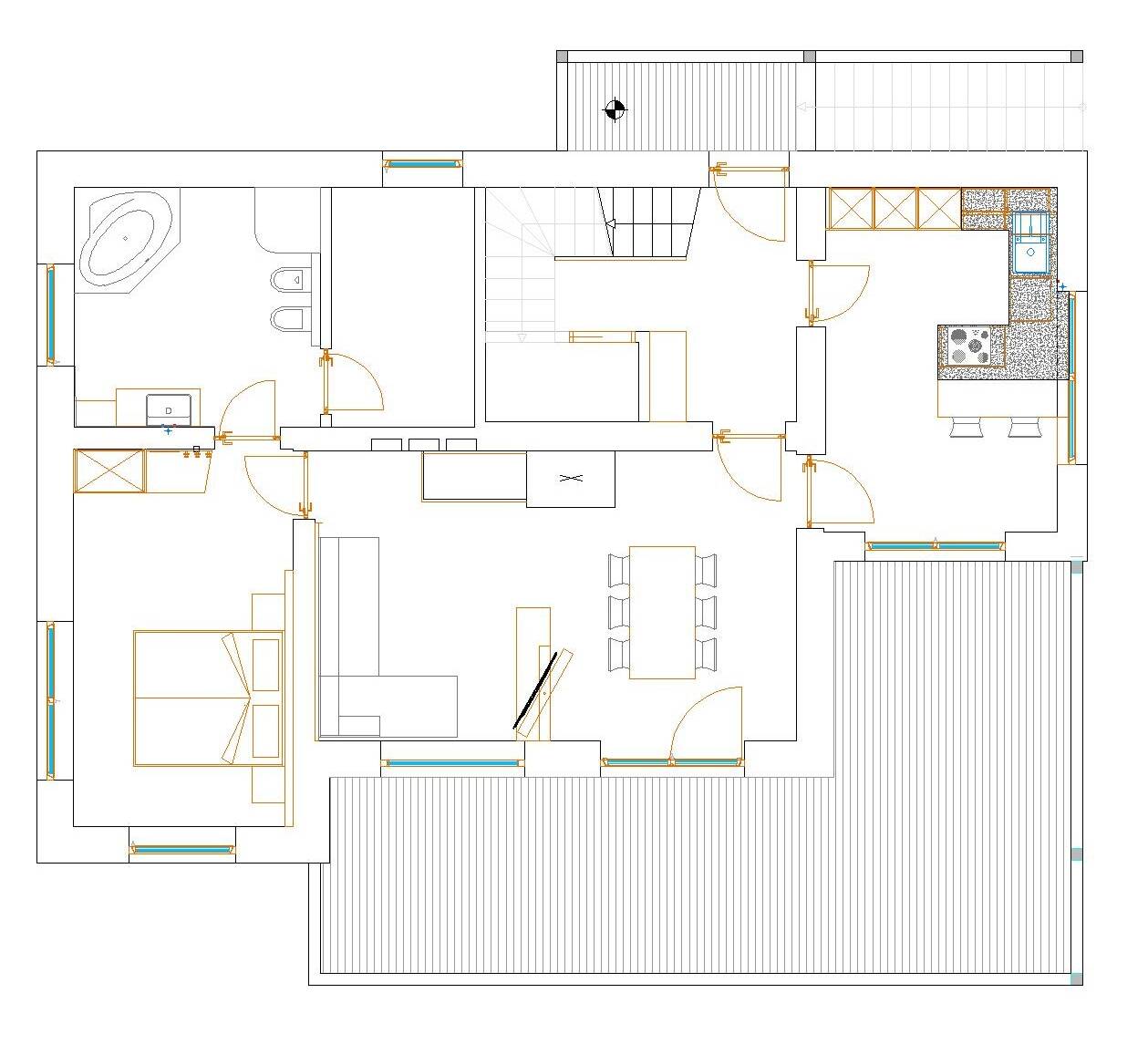 Grundriss mit Küche, Essbereich, Wohnbereich, Badezimmer, Schlafzimmer und großer Außenterrasse. - Lantl Deluxe Apartments