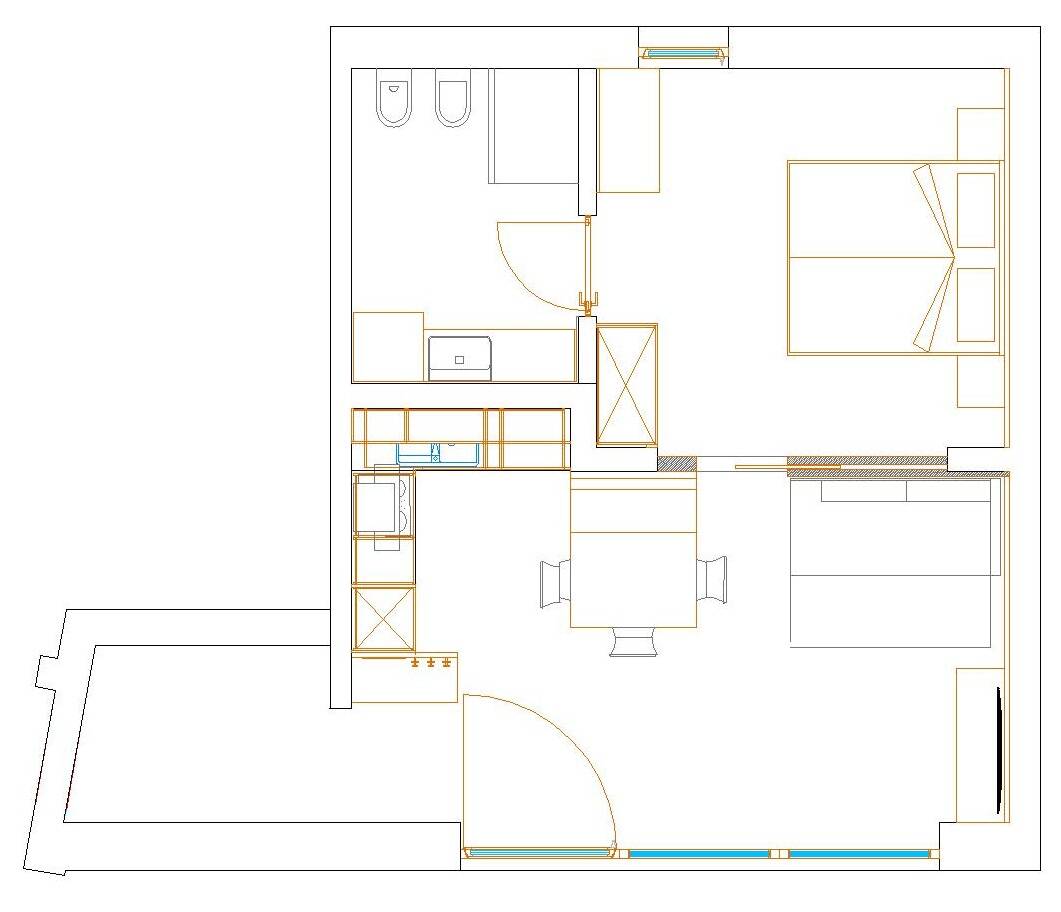 Grundriss der Wohnung mit Darstellung von Schlafzimmer, Bad, Küche, Essbereich und Wohnbereich sowie der Anordnung der Möbel. - Lantl Deluxe Apartments